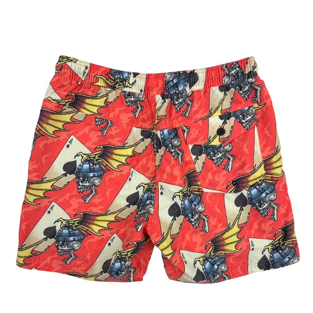 Lost Board Shorts‎ Mens Medium Red Polyester Cotton Skull Ace of Spades Graphic - Picture 2 of 10